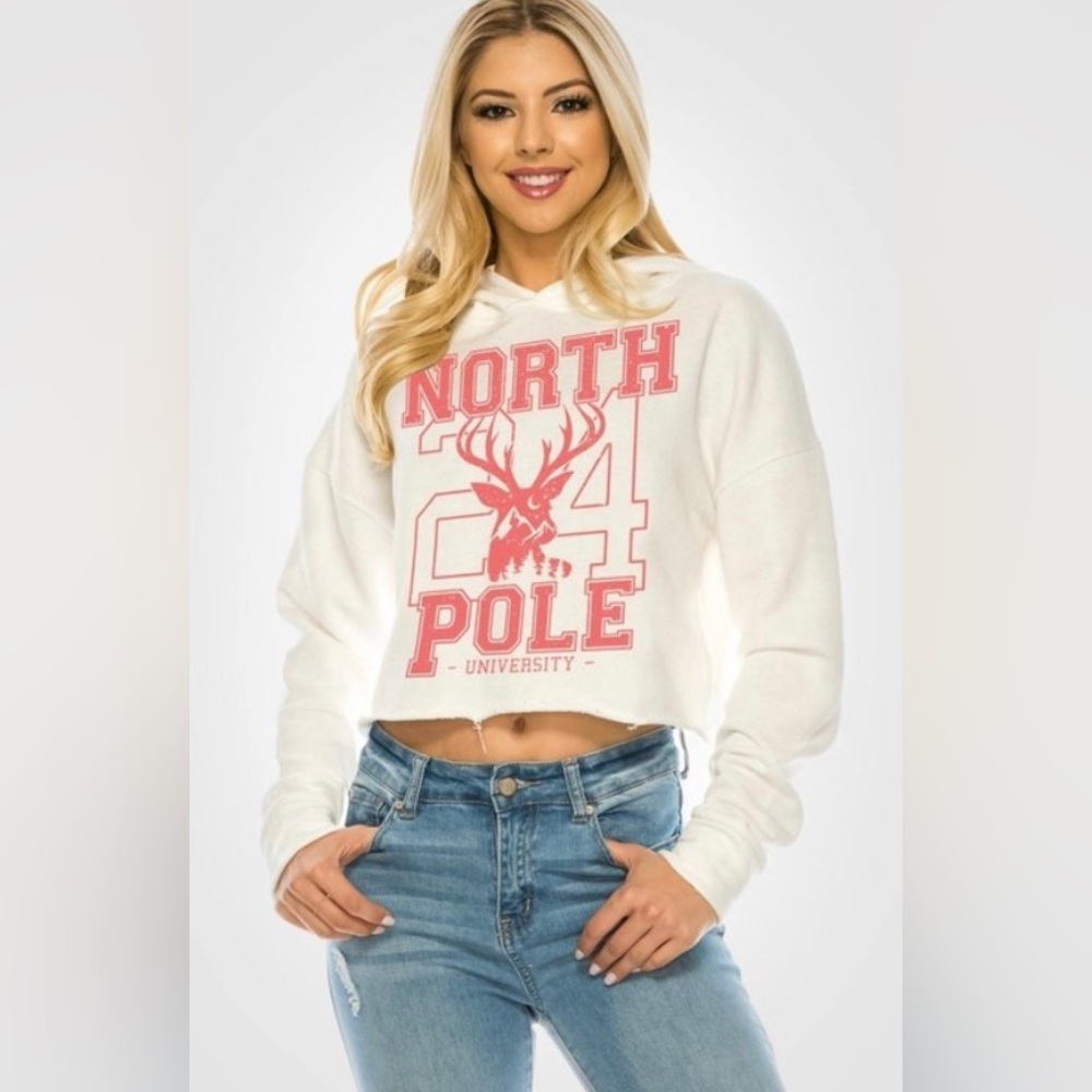 North Pole University Christmas Graphic Cropped Hoodie COTTON POLYESTER SML
